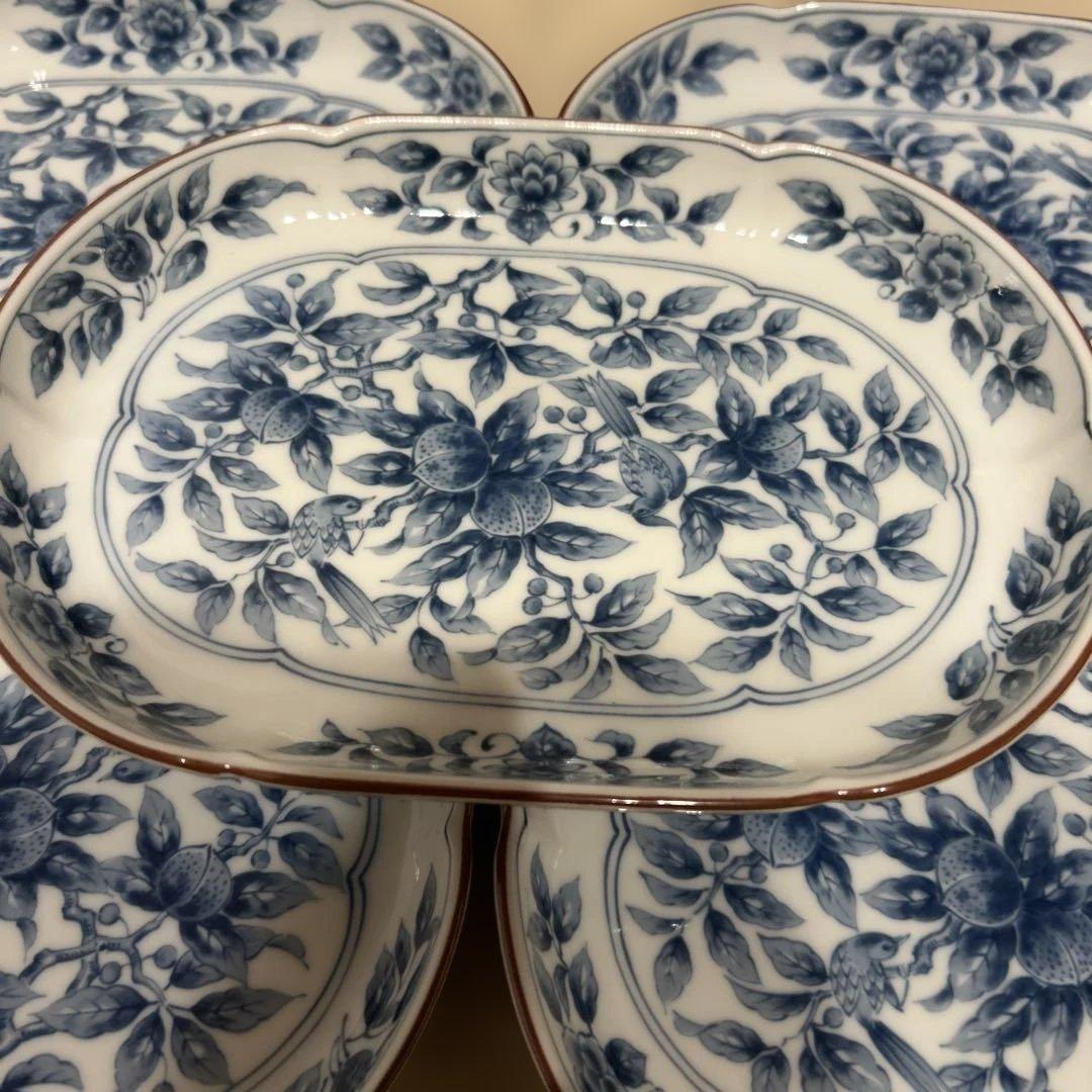 前畑陶器　庫山窯　染付　楕円皿　4枚セット　中皿　和食器　瓔珞　古伊万里　唐草