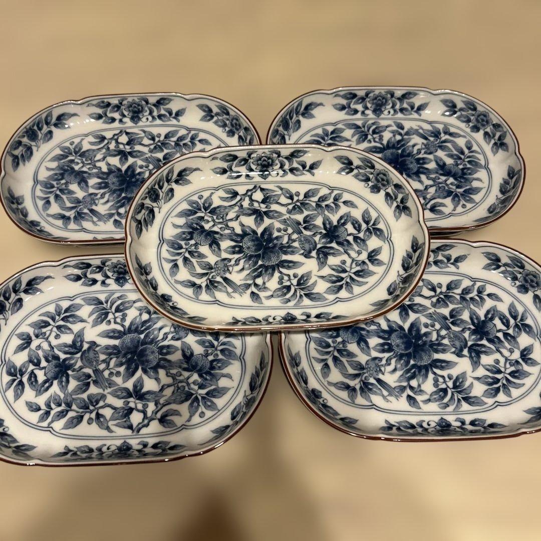 前畑陶器　庫山窯　染付　楕円皿　4枚セット　中皿　和食器　瓔珞　古伊万里　唐草