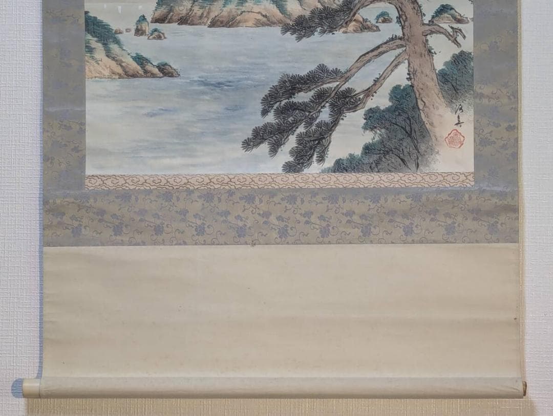 【真作】掛軸　松と海景図　静謐な風景画　島影と松林　和の風情　R171
