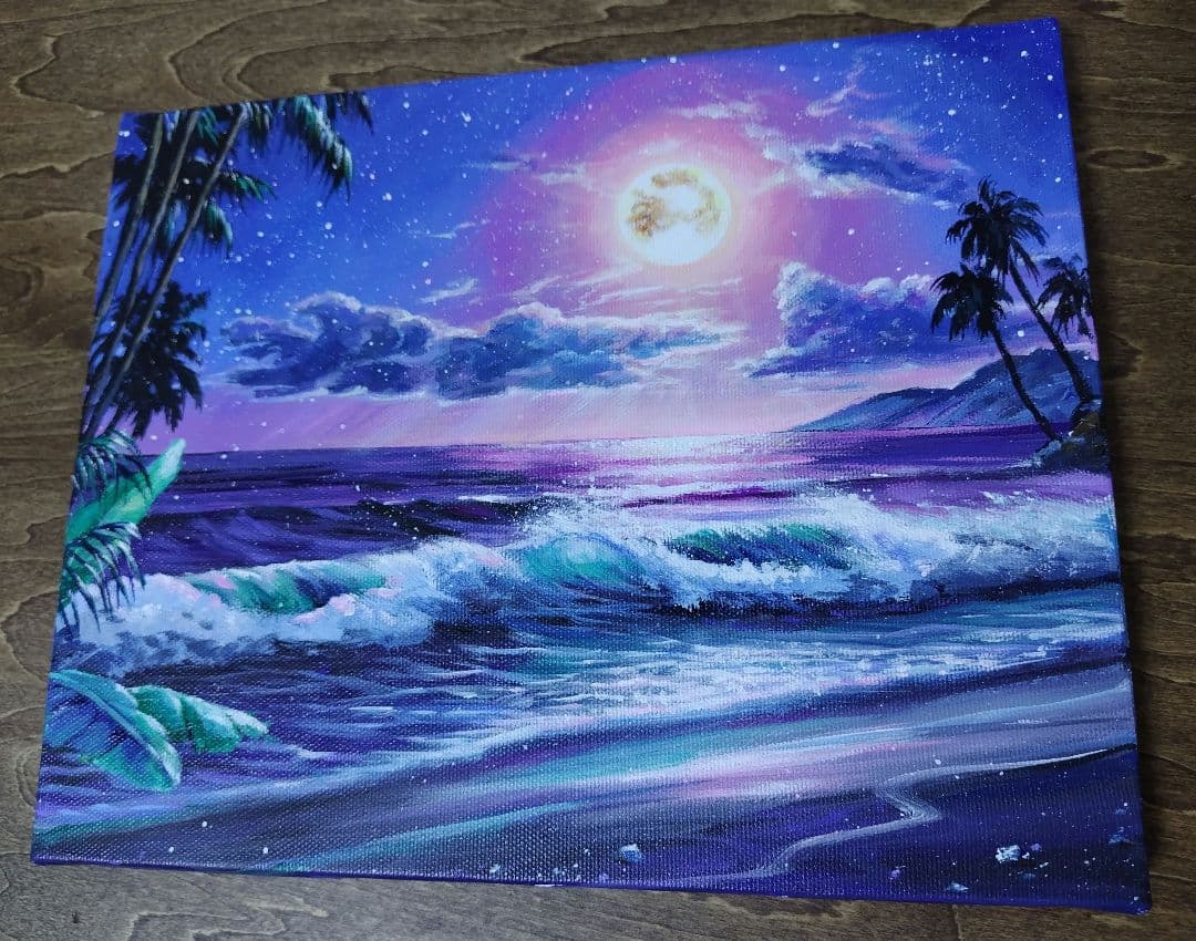 お*ち様 【月光】アクリル画 F3 風景画 絵画 海の絵