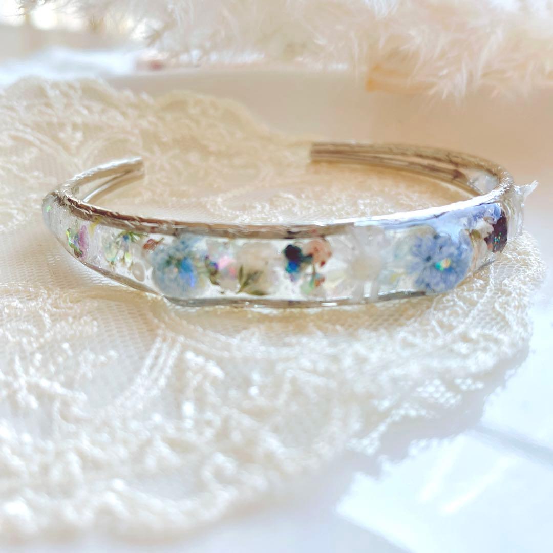 レジンバングル　シルバー　くすみブルー　ローズクォーツ　天然石　クリスタル