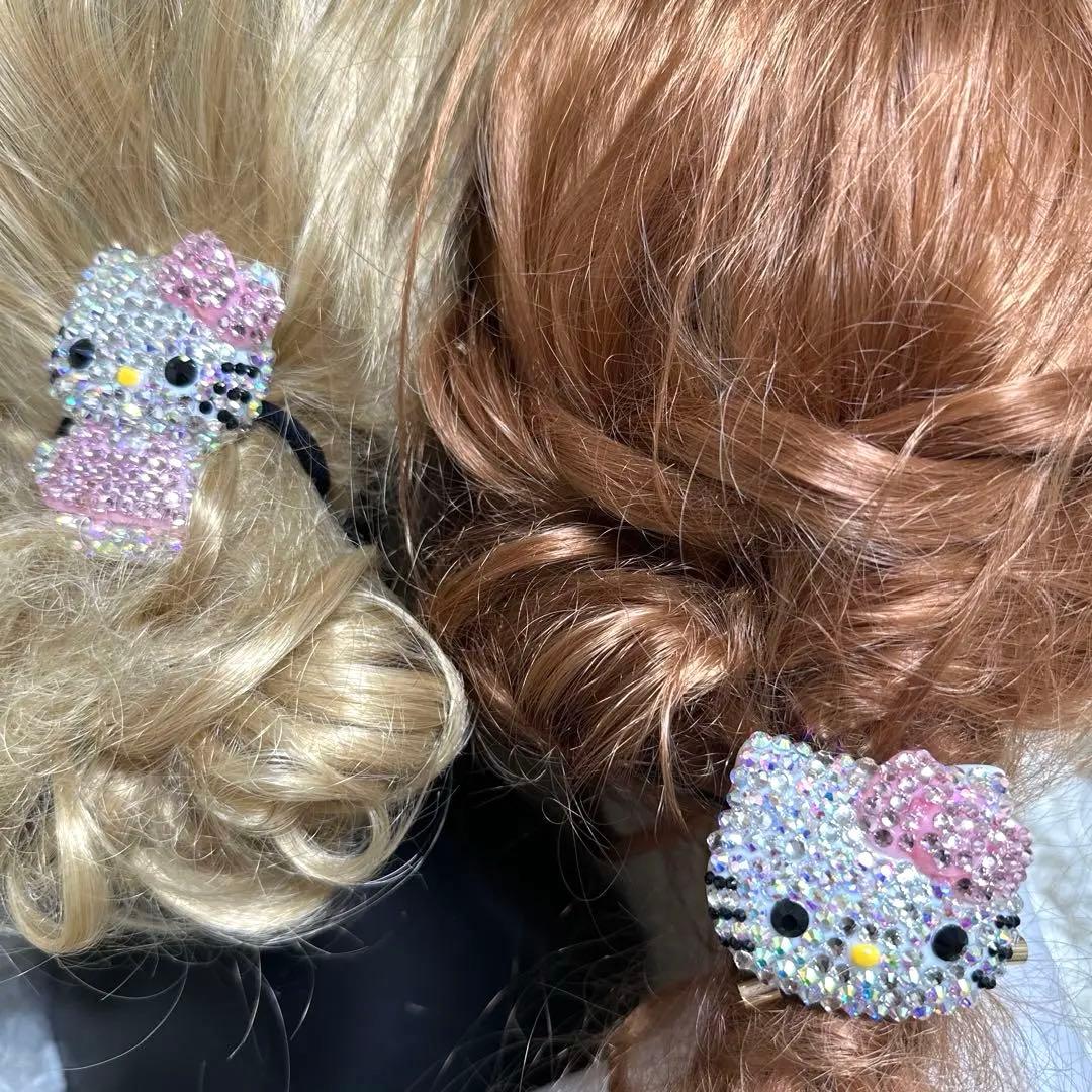 ★⭐︎ヘアゴム620キラキラ大粒ラインストーン付大きめ猫顔キャラビジューヘアゴム桃