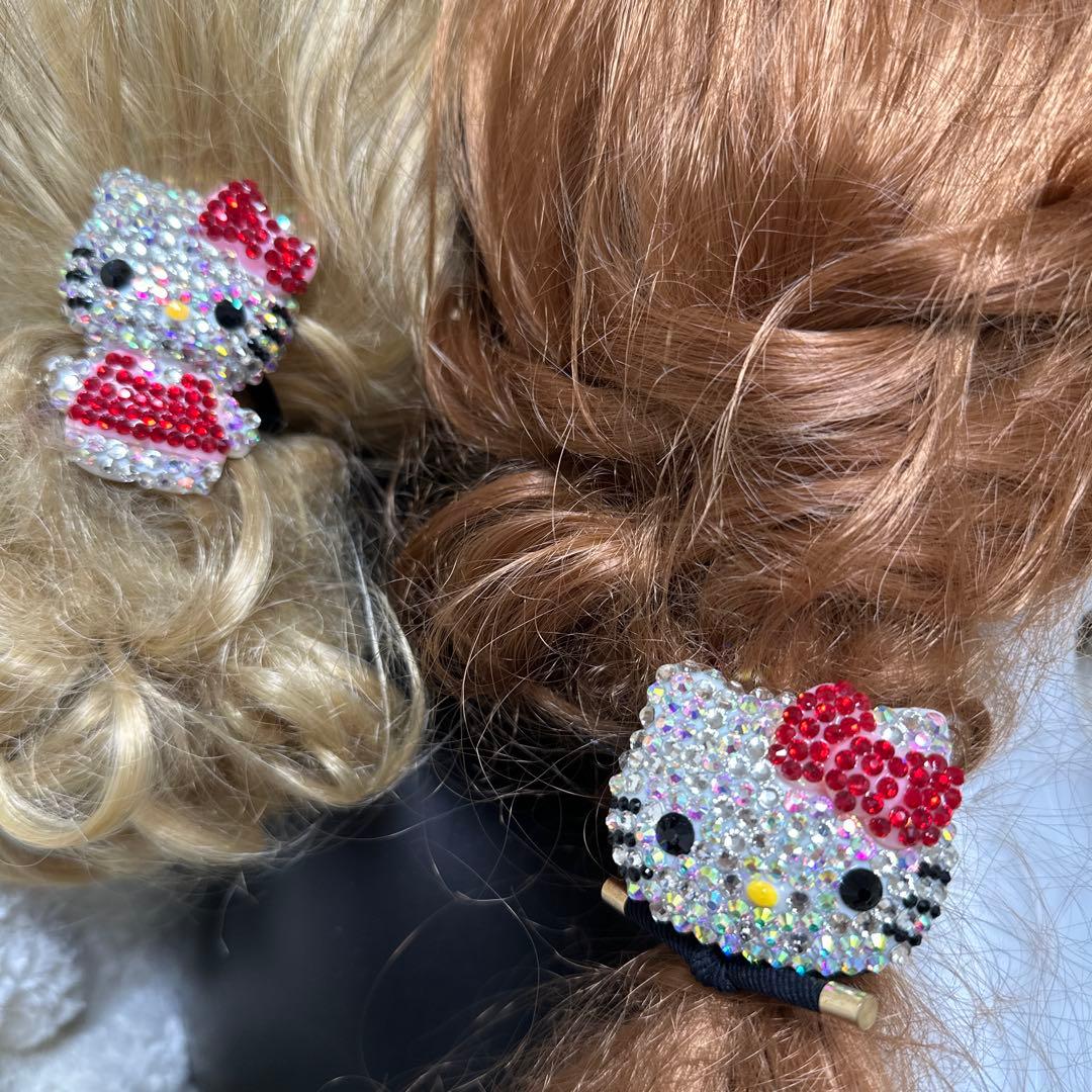 ★⭐︎ヘアゴム620キラキラ大粒ラインストーン付大きめ猫顔キャラビジューヘアゴム桃