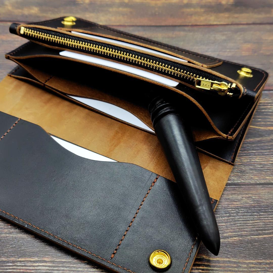 ロングトラッカーウォレット ホースバット ハンドメイド 本革 茶芯ブラック