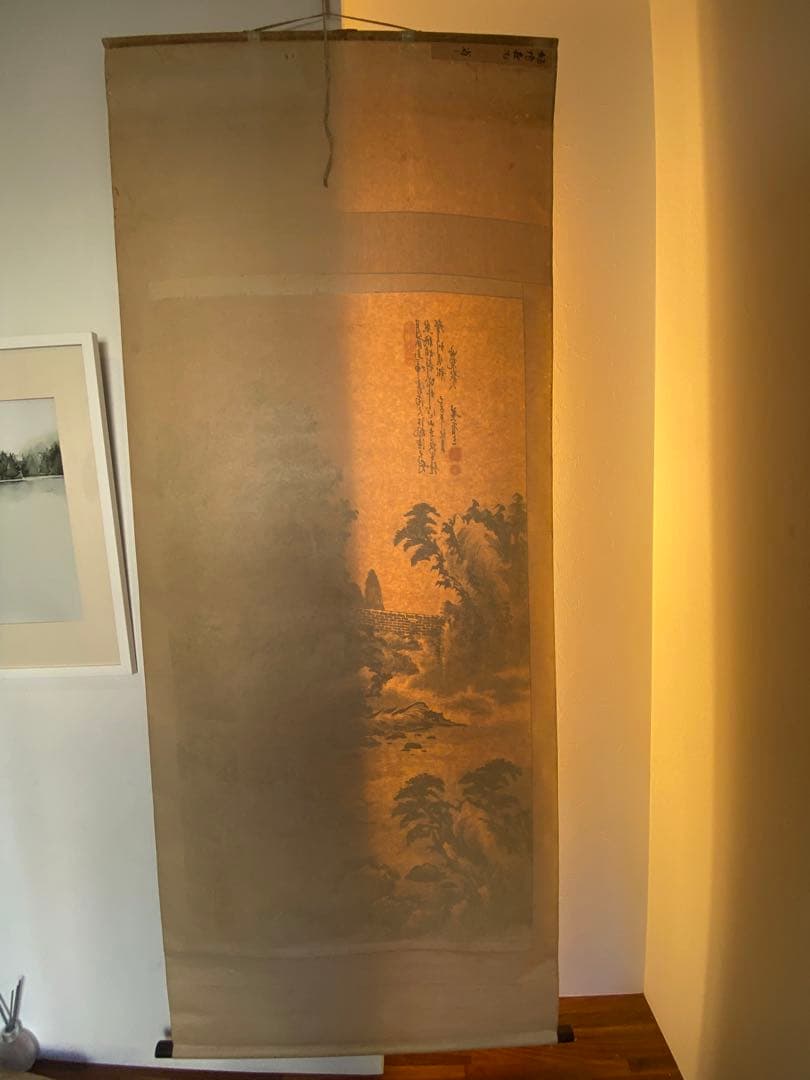 中国書画 民国画家　黄省三　筆 楓橋夜泊図　絹本水墨 山水画賛