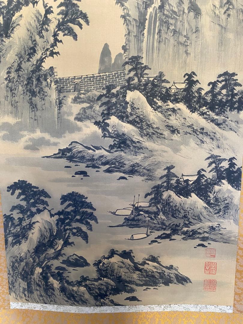 中国書画 民国画家　黄省三　筆 楓橋夜泊図　絹本水墨 山水画賛