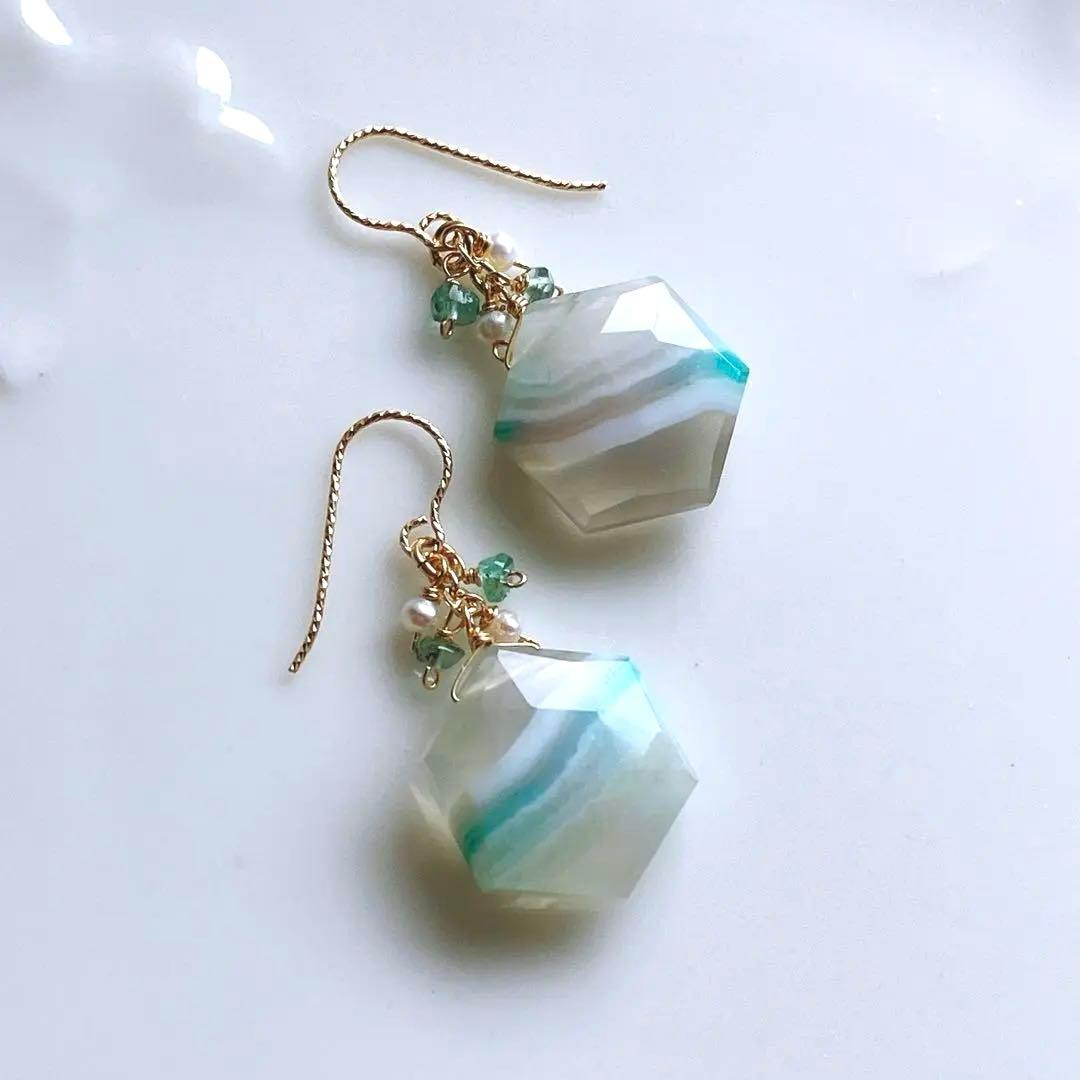 tama◆カラーバンデットアゲート×エメラルドピアス✧14kgf