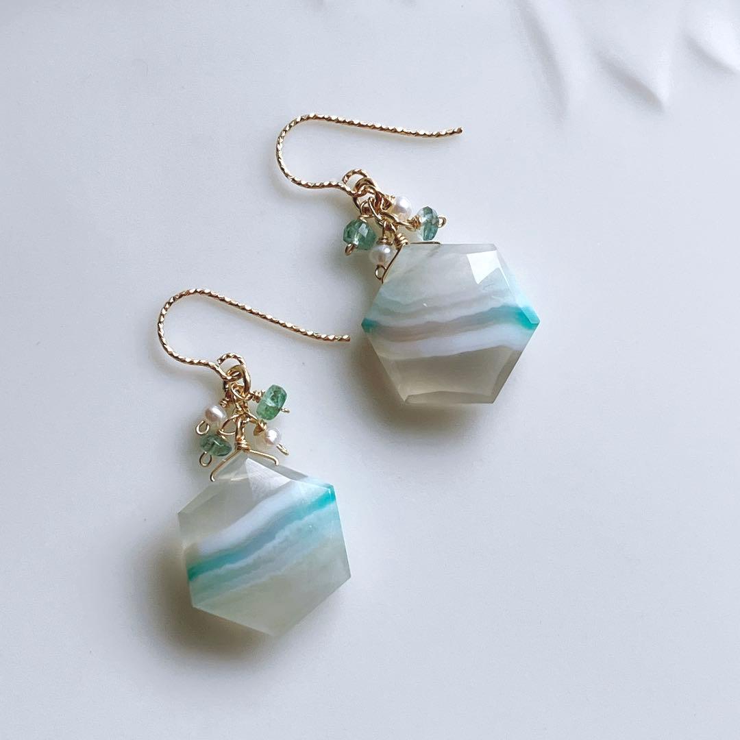 tama◆カラーバンデットアゲート×エメラルドピアス✧14kgf