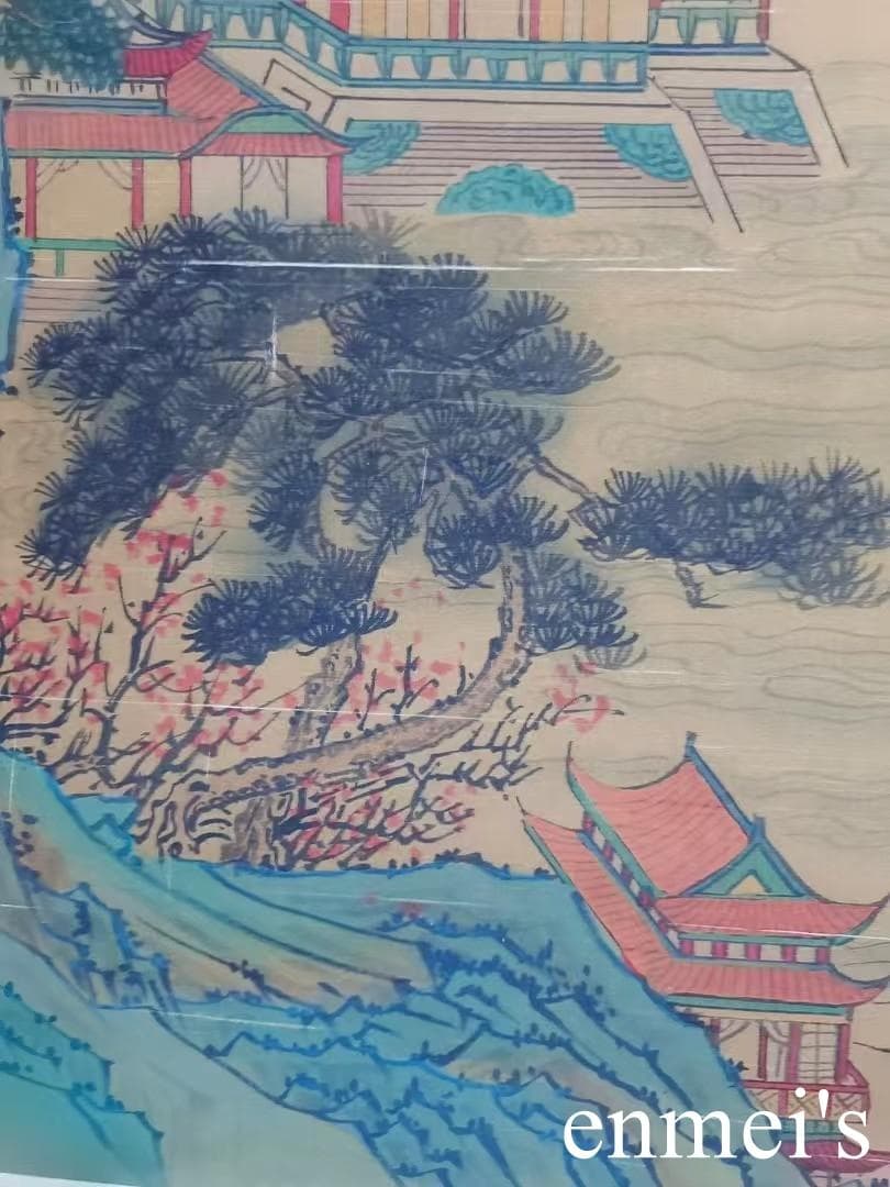 中国古美術・字画山水風景掛軸・水彩画・呉鎮印款・書道品・絹本・純手描き・珍品画