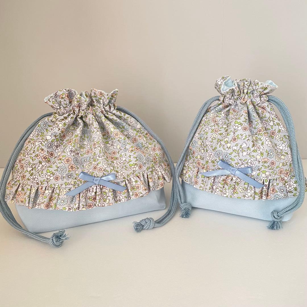 専用ページ　花柄水色セット+ブルーグレーお弁当袋セット