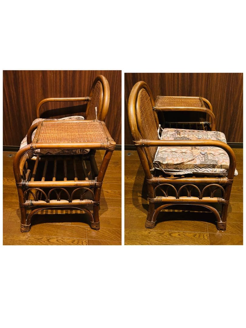 【良品】 ラタン アーチ型 ソファ サイドテーブル付き イス アンティーク