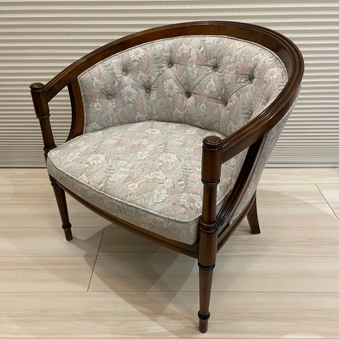 カリモク 1人掛けソファ セージグリーン×ピンク　ラウンジチェア