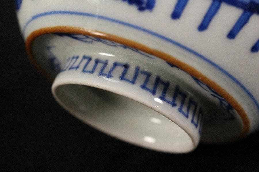 中国美術 倣古 青花 山水人物紋 蓋碗 祥瑞 五件 φ10.5cm 旧家蔵出