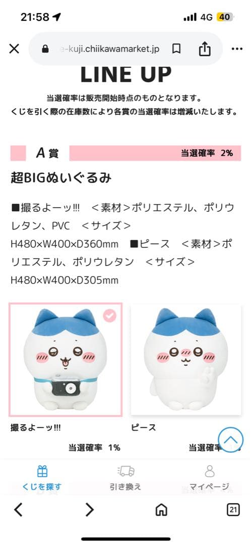 ちいかわ ハチワレだらけくじ A賞 撮るよーッ!!! ハチワレ ぬいぐるみ