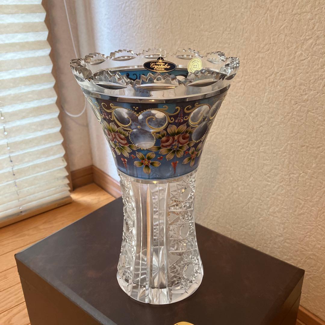 BOHEMIA ボヘミアグラス　ブルーラスターローズ　クリスタル　花瓶　箱付
