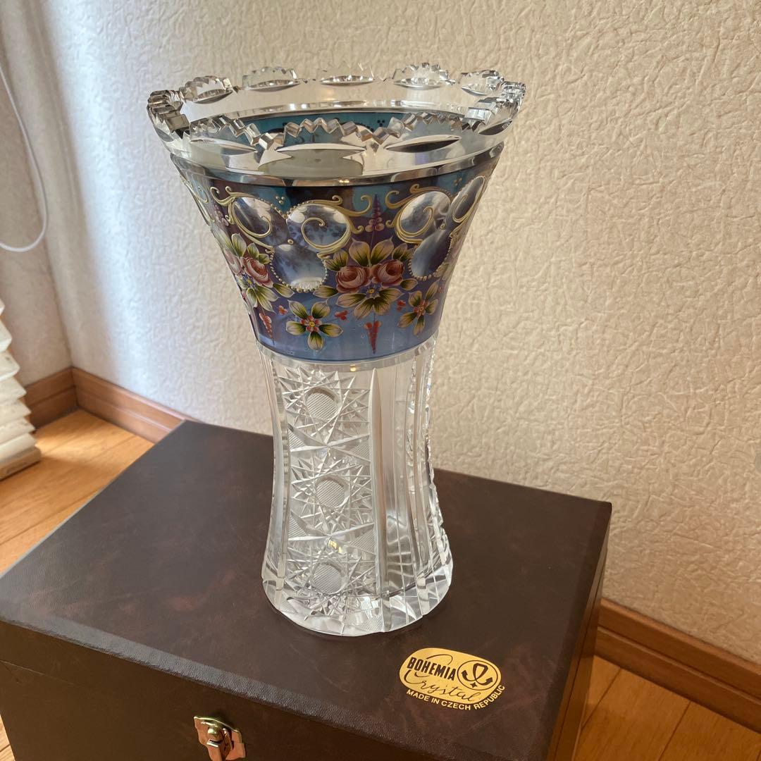 BOHEMIA ボヘミアグラス　ブルーラスターローズ　クリスタル　花瓶　箱付