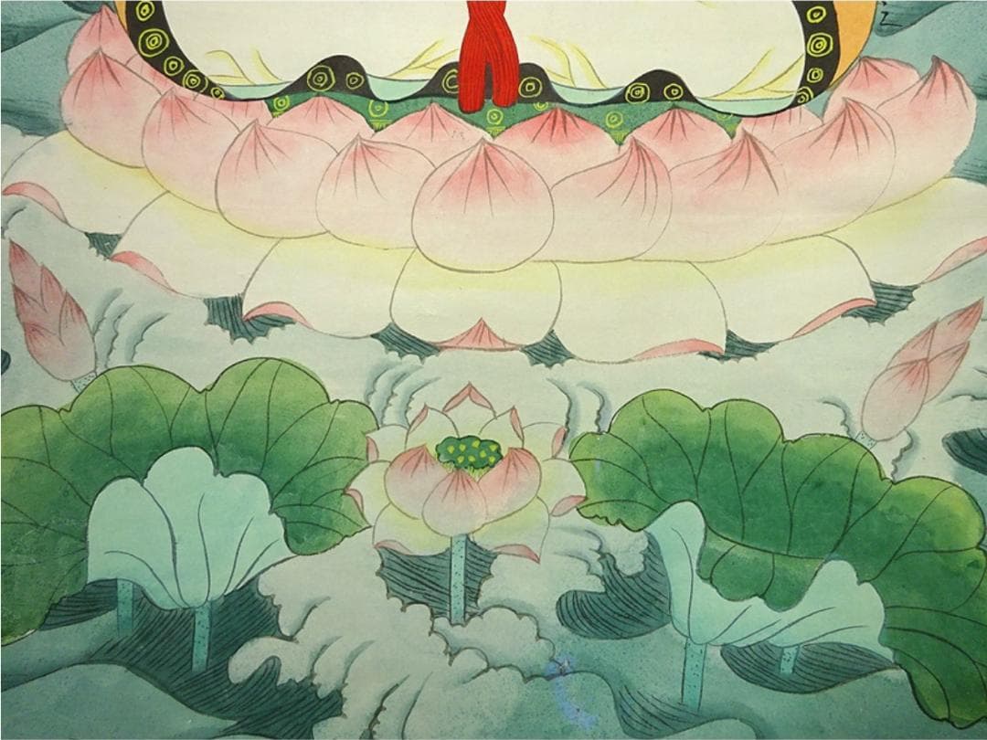 掛軸 春日『佛光普照 蓮上観音菩薩図』中国画 紙本 肉筆 掛け軸 a01085