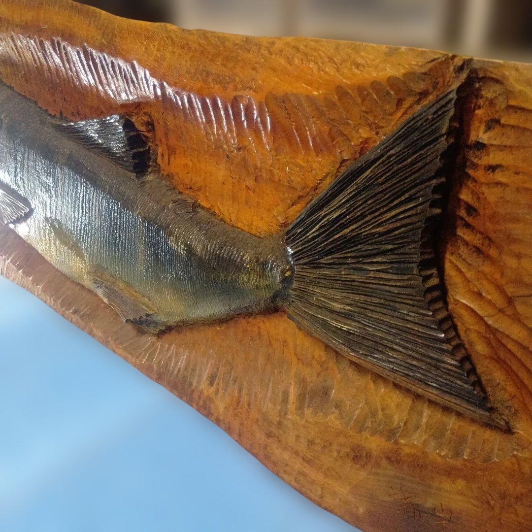 超ビックサイズ‼️ 【躍動感あるサケ手彫り彫刻 】横幅約１５５cm 衝立付