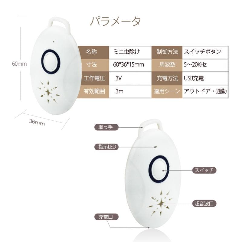 4台セット 虫よけ 携帯型 超音波撃退器 USB充電式