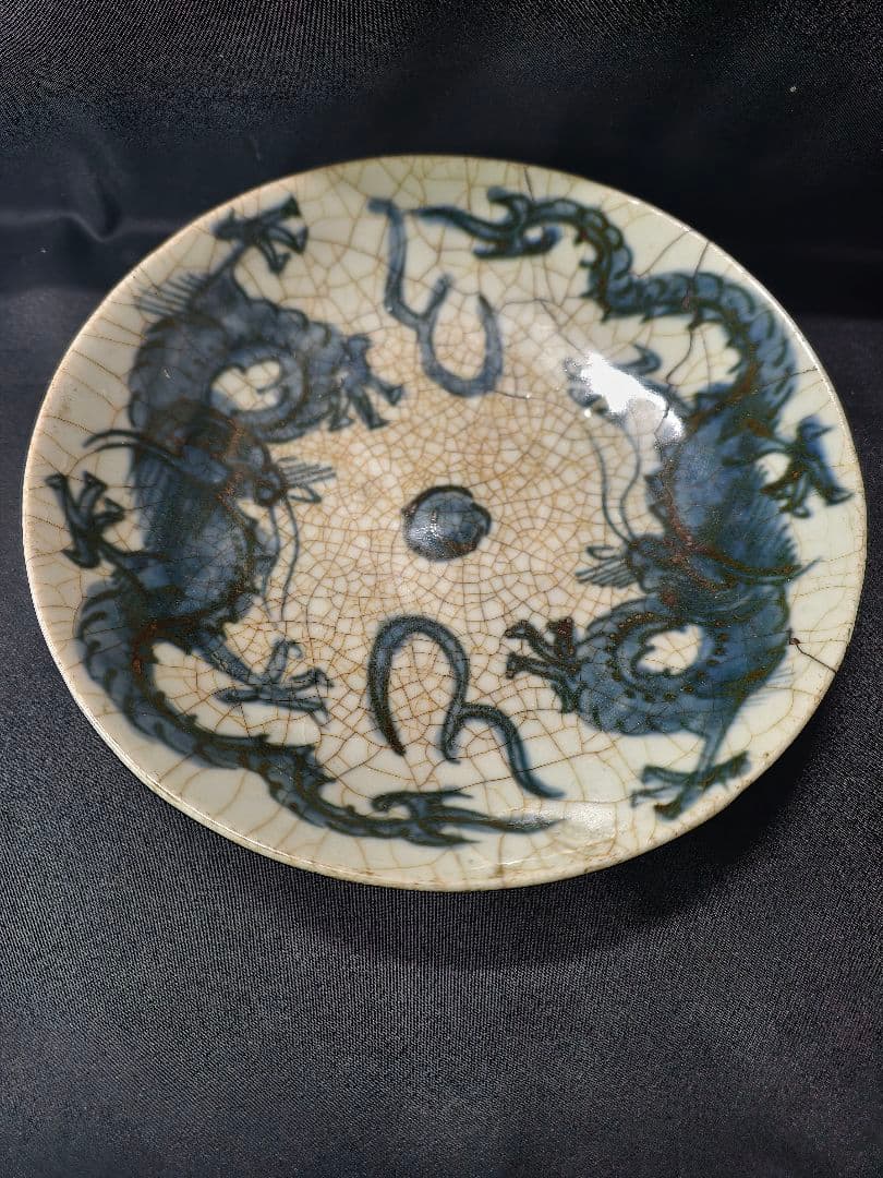 中国骨董 染付中皿 双龍文 明清アンティーク 古美術 時代物 蒐集家放出 時代物