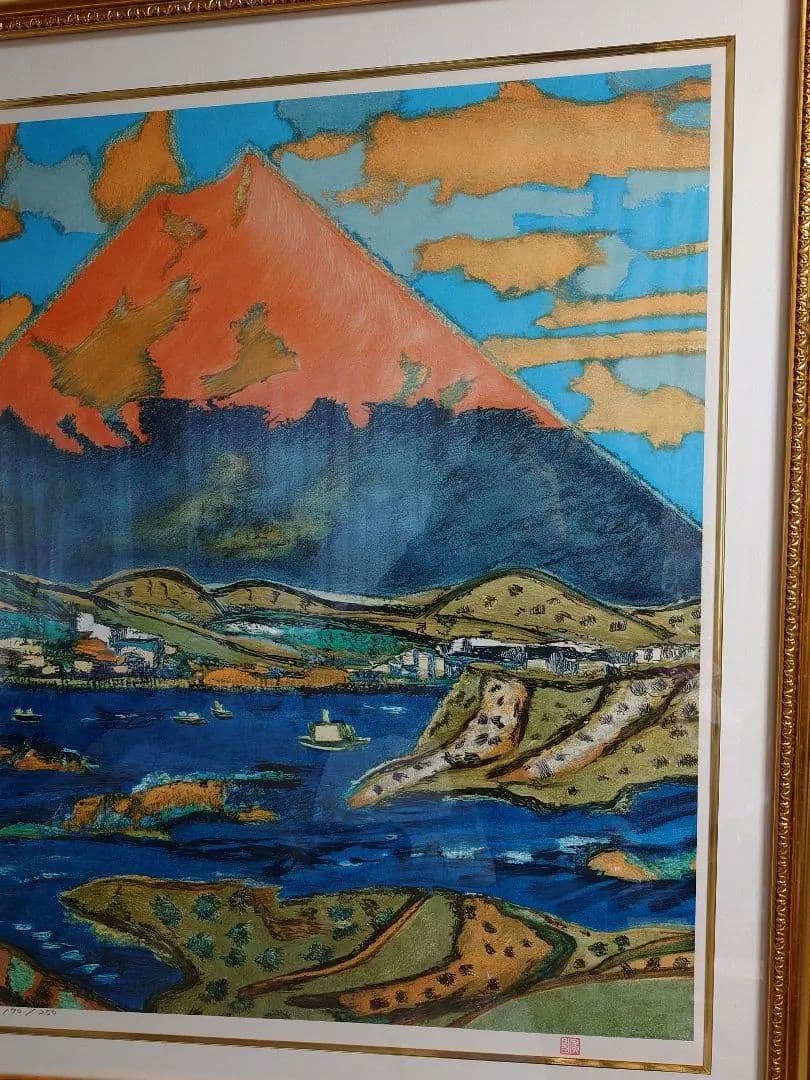 【真作保証、リトグラフ】田崎広助巨匠　朱富士　印押、エディション、迫力満点