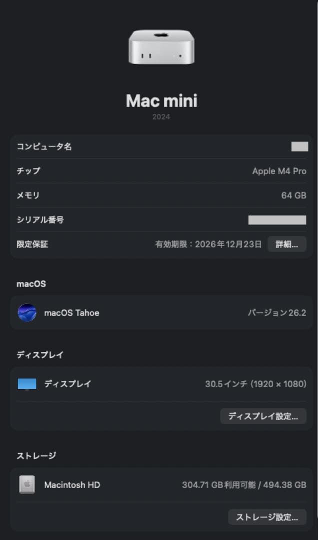 M4Pro Mac mini 64GB 512GB【2025年12月購入 美品】