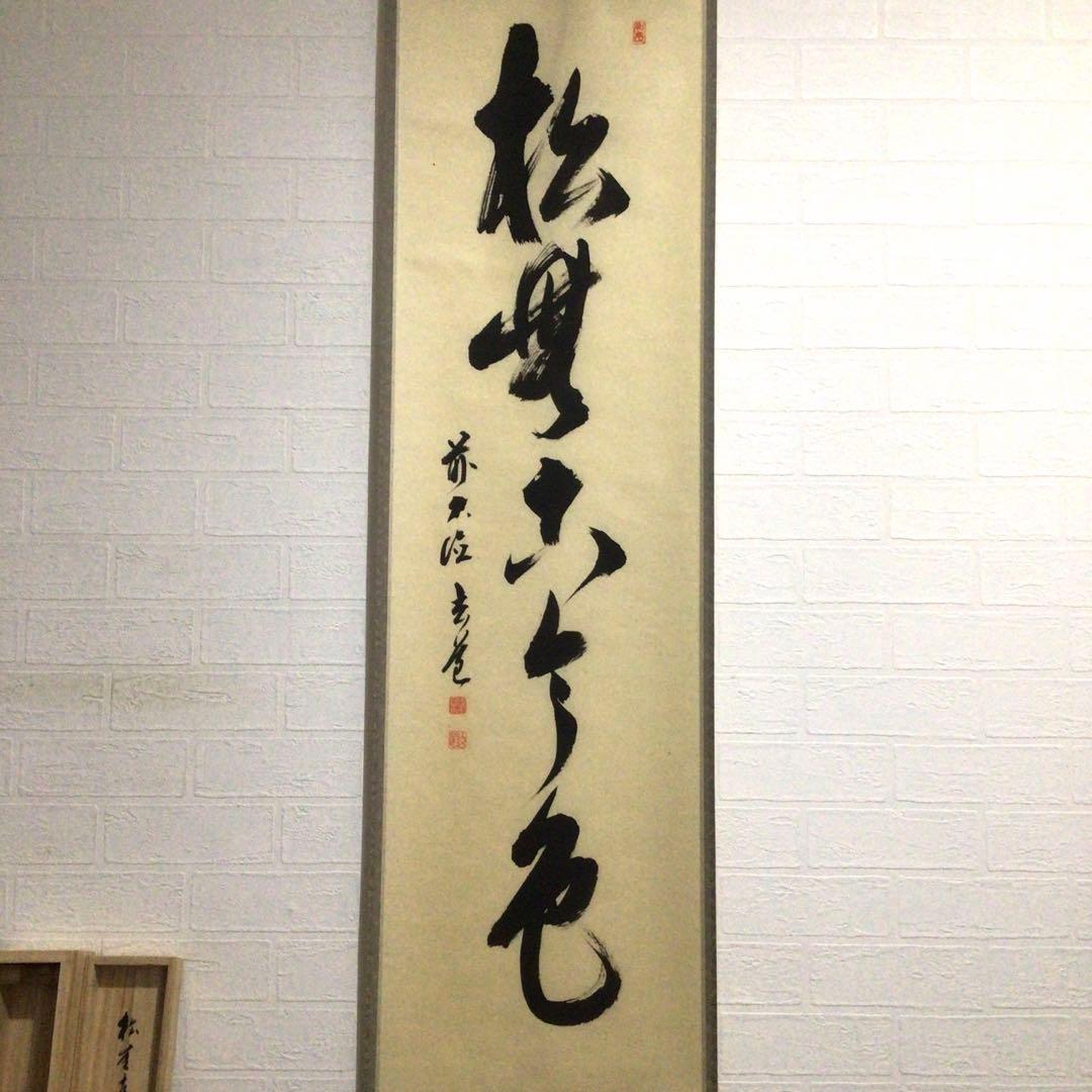 Ｅ６１９　掛軸　大徳寺　須賀玄道　『松無古今色』　共箱　『真作』　肉筆　一行書