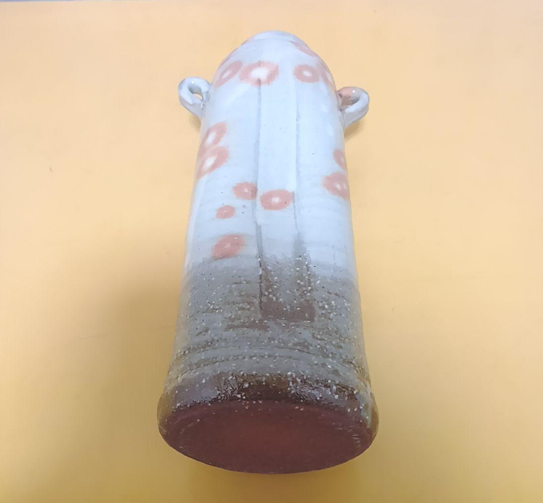 骨董 萩焼 花生 陶華山 松尾藻風 花瓶 丸耳花器 灰白釉 鉄斑文様 一輪挿し