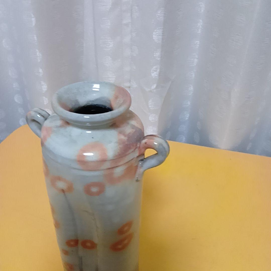 骨董 萩焼 花生 陶華山 松尾藻風 花瓶 丸耳花器 灰白釉 鉄斑文様 一輪挿し