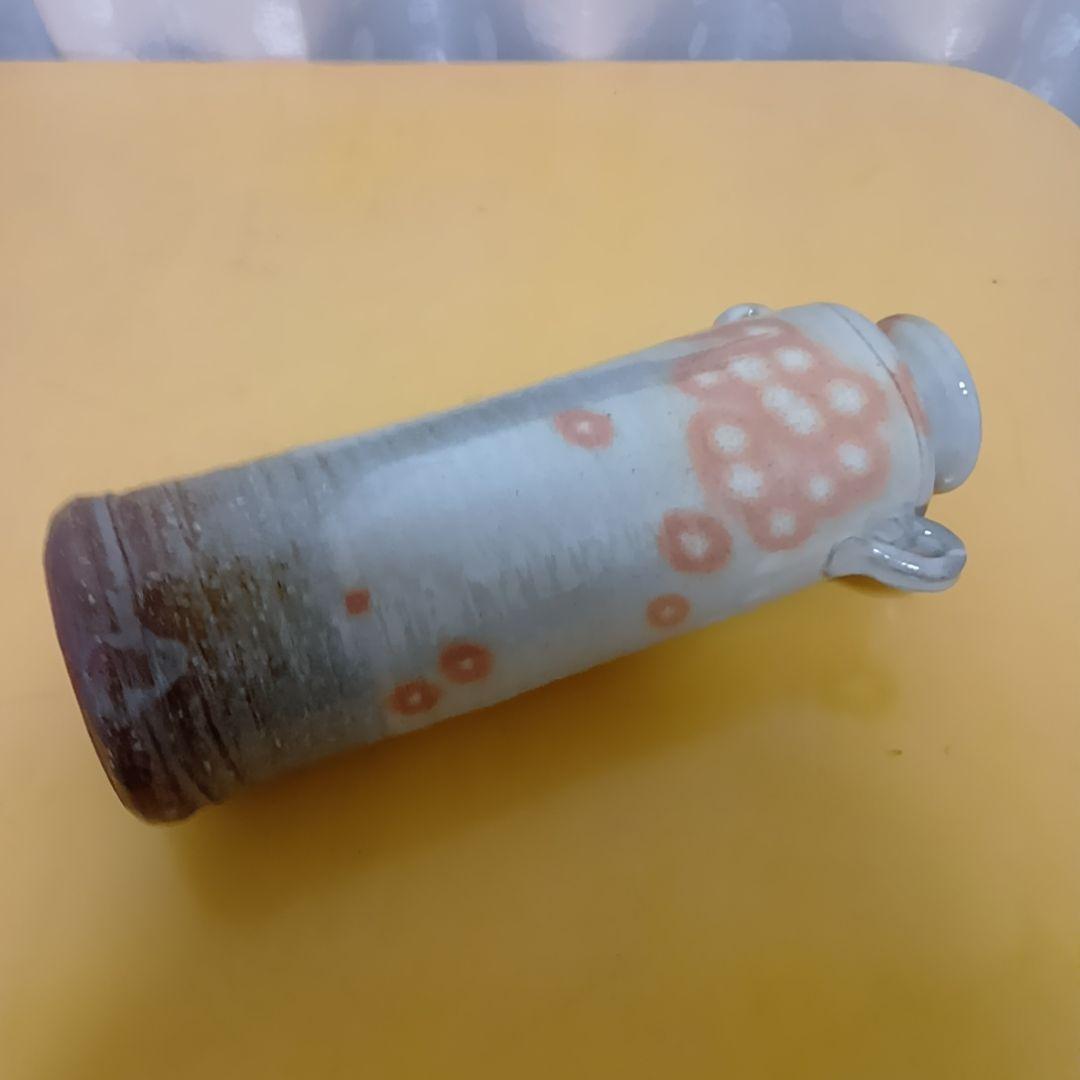 骨董 萩焼 花生 陶華山 松尾藻風 花瓶 丸耳花器 灰白釉 鉄斑文様 一輪挿し
