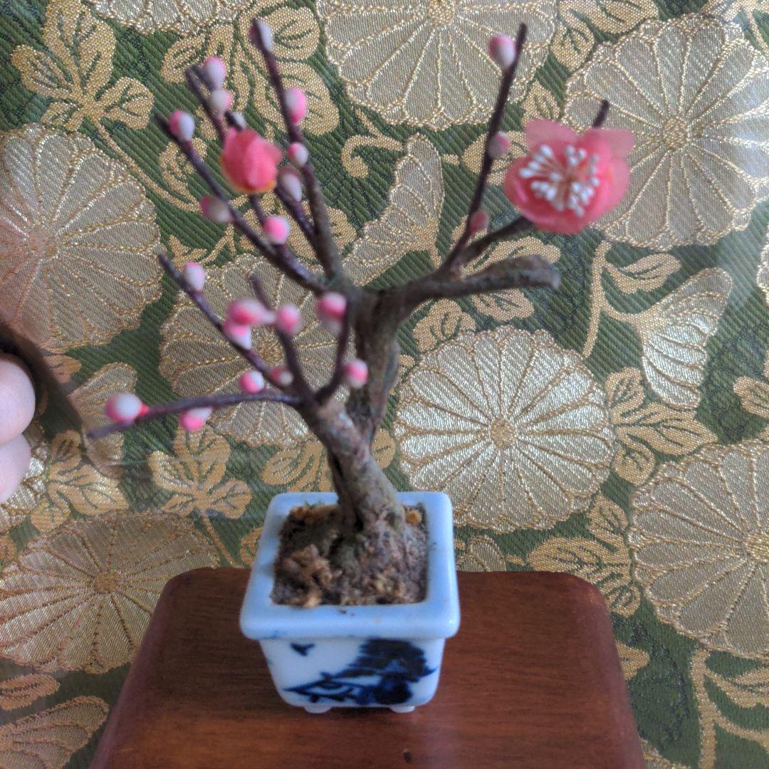 【最終価格】紅白梅豆盆栽（作り物）ミニサイズ 置物（花台付）一対