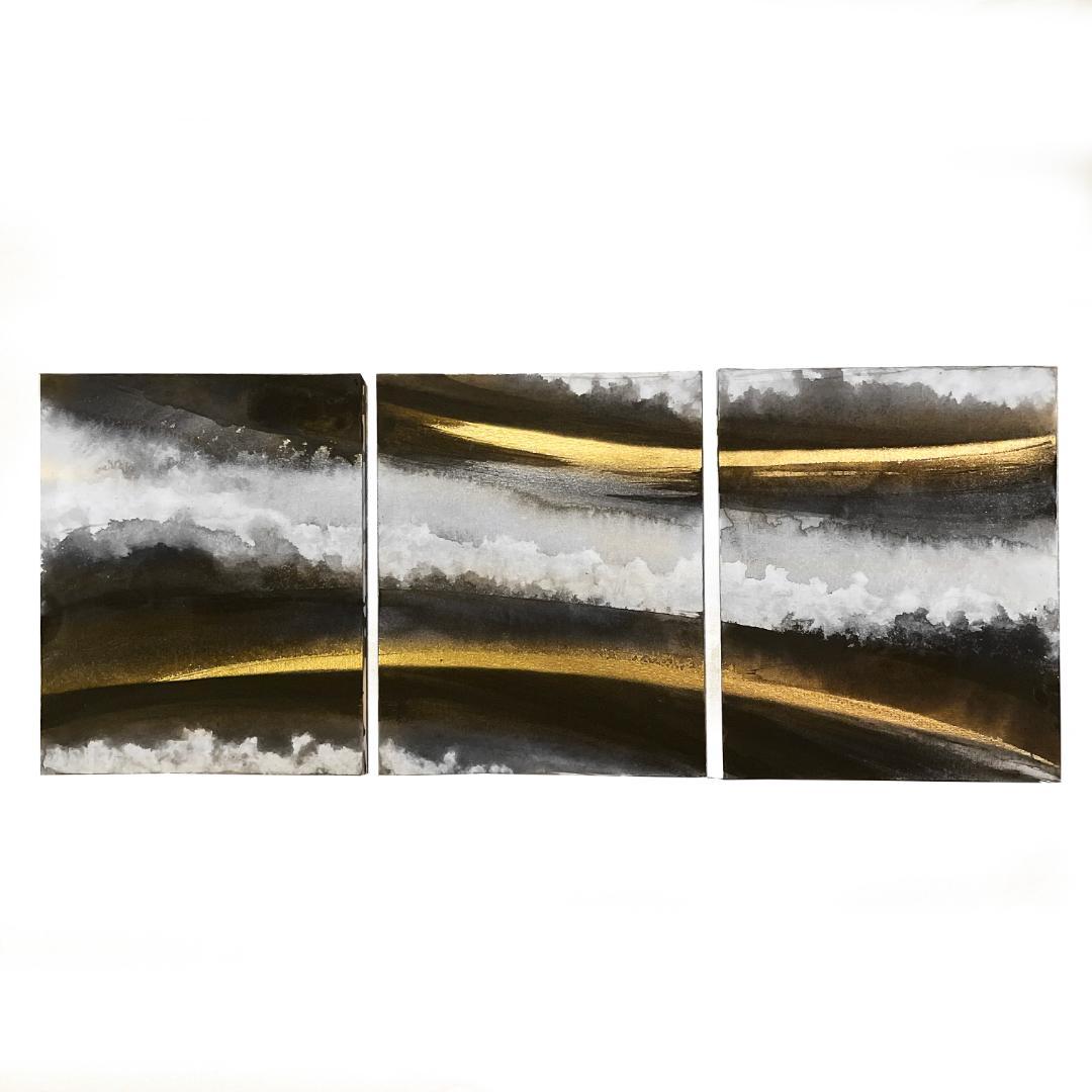 黒金の抽象画3枚組　絵画　インテリア　モダン