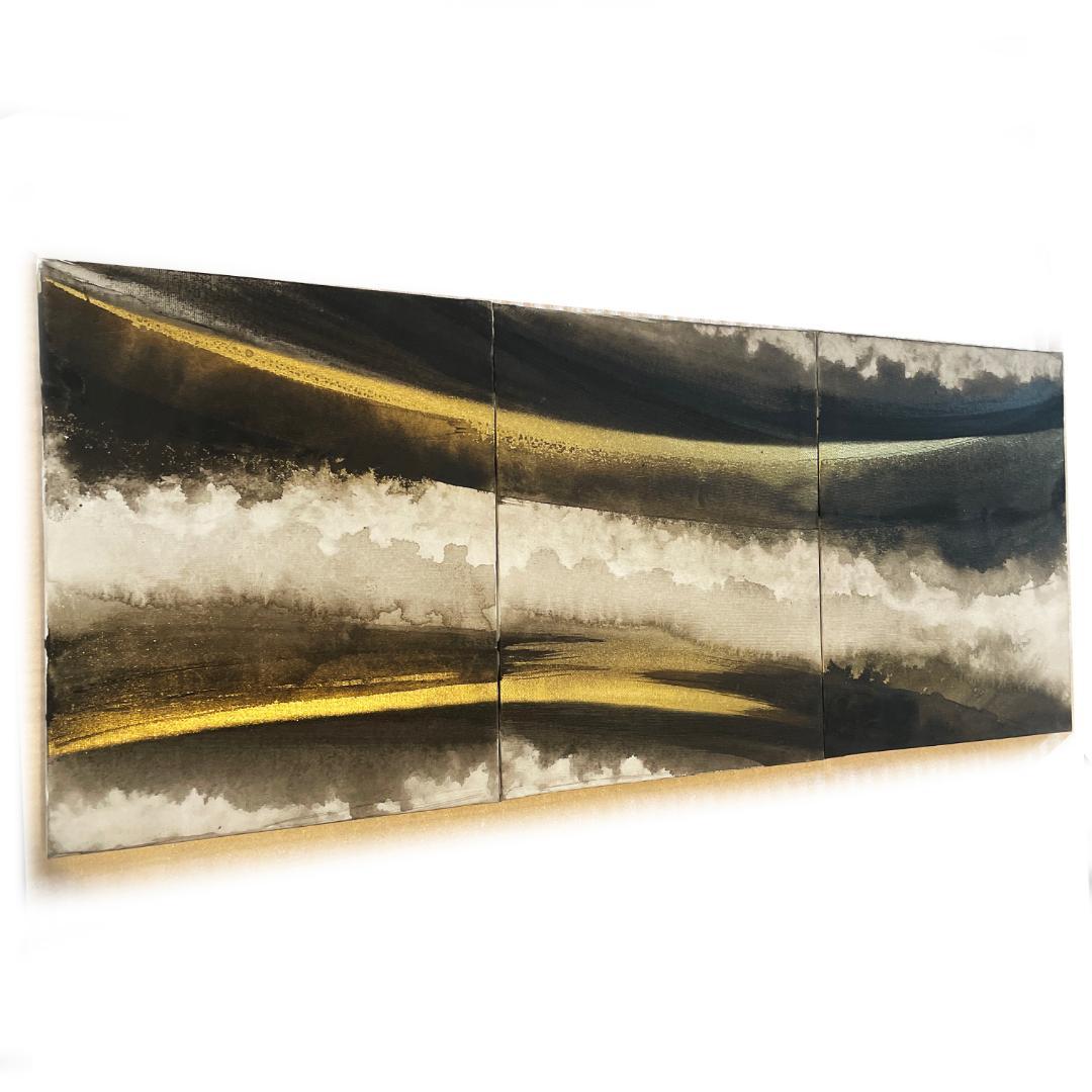 黒金の抽象画3枚組　絵画　インテリア　モダン