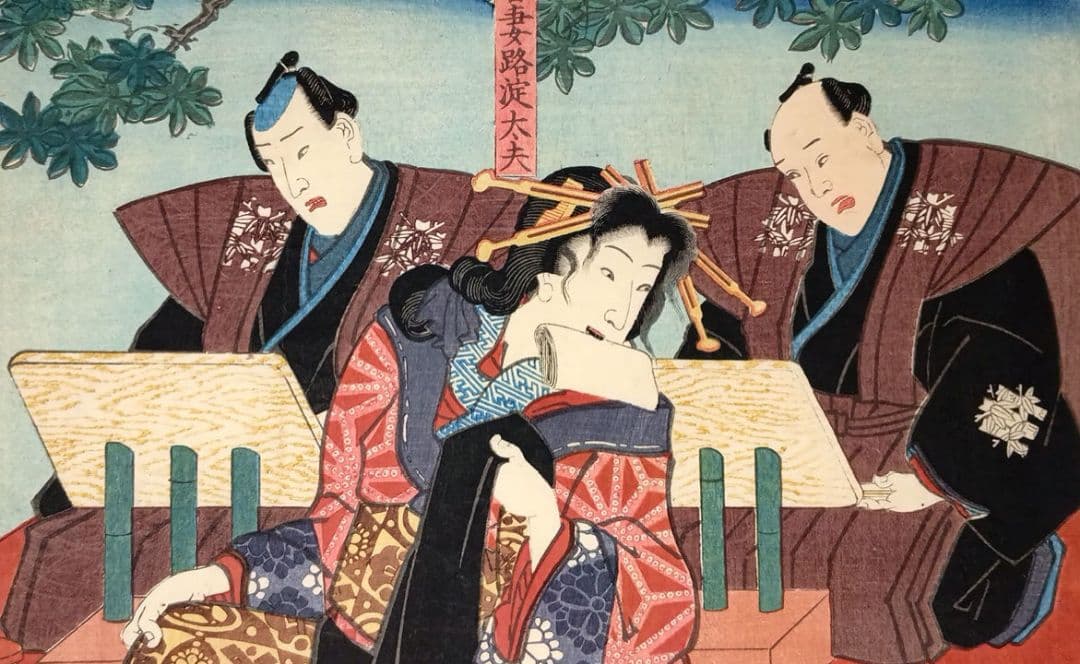 浮世絵版画、浄瑠璃種々薩誓掛額三枚綴り三代歌川豊国、安政6年（1859)出版