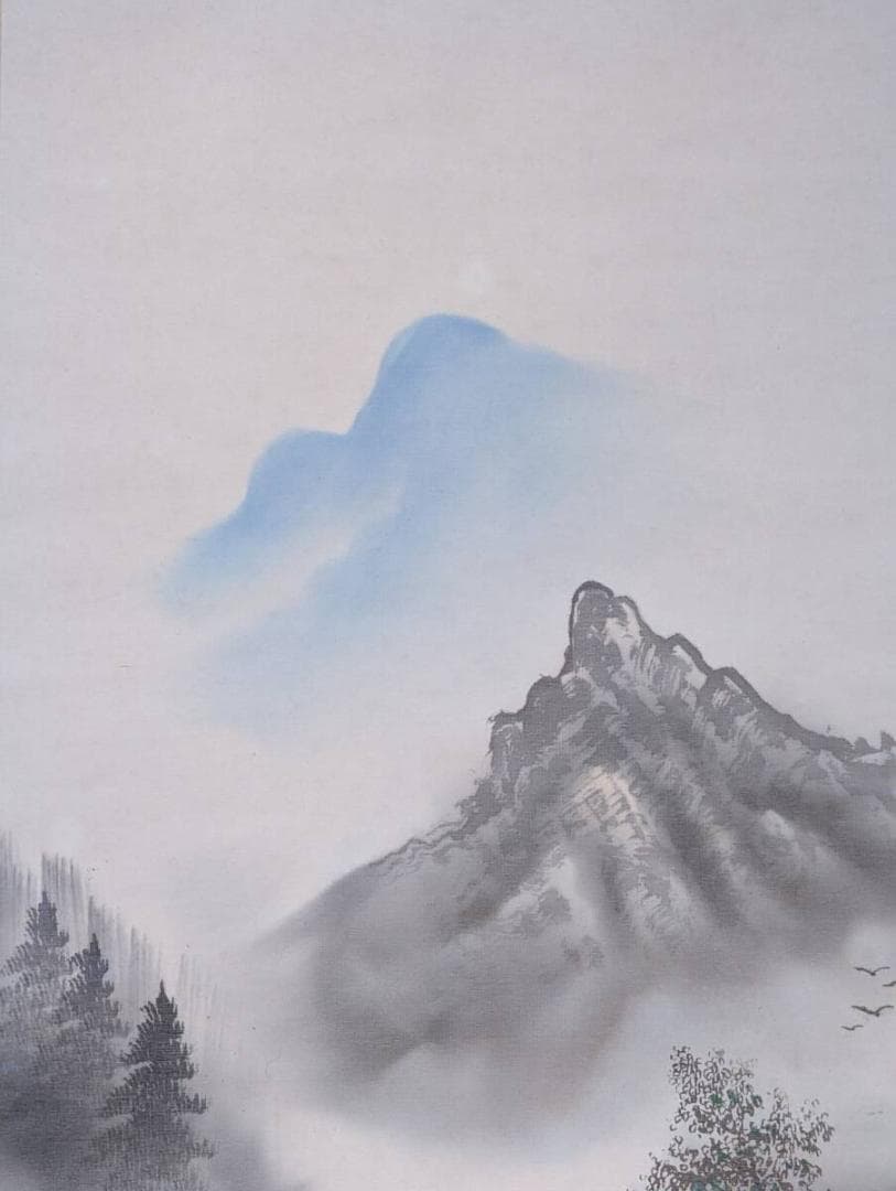 【真作】掛軸　山水図　渓流山居図　古美術　青緑渓谷風景　茅葺山居風景　U66