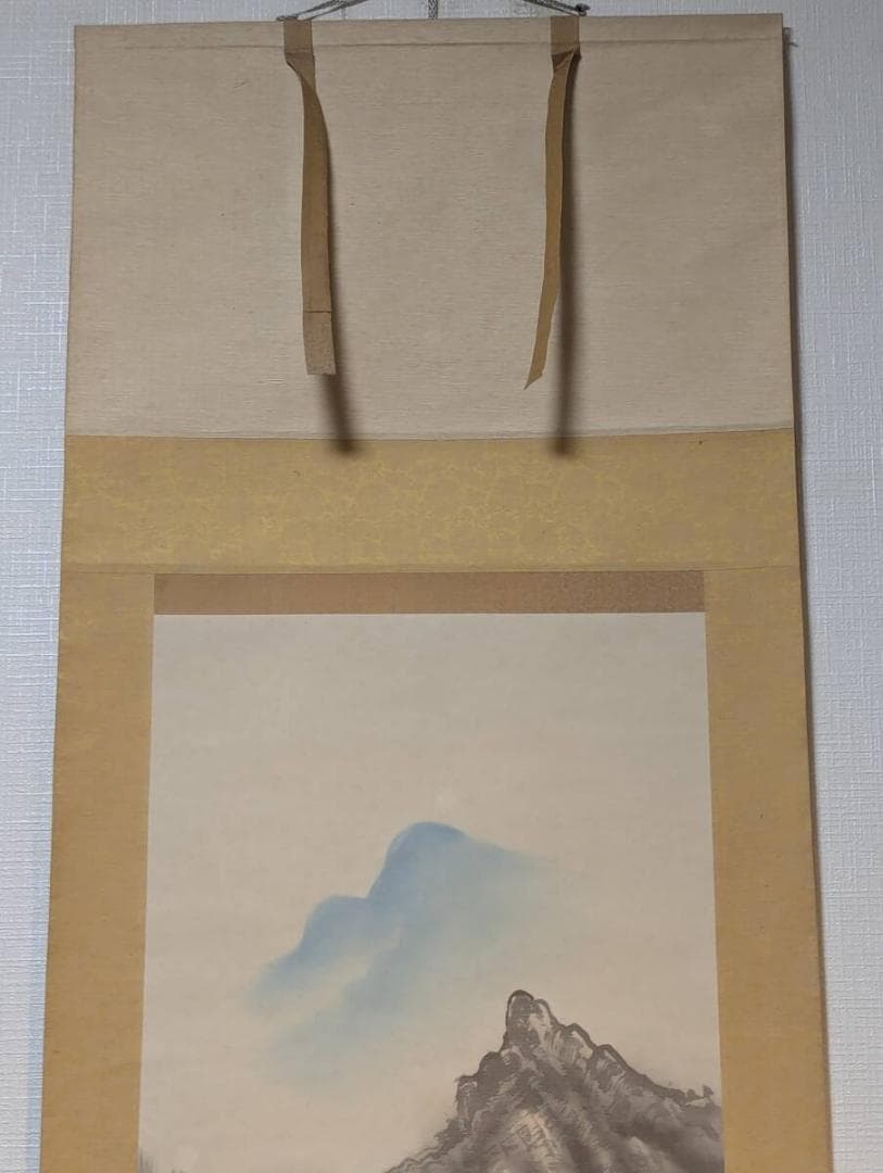 【真作】掛軸　山水図　渓流山居図　古美術　青緑渓谷風景　茅葺山居風景　U66