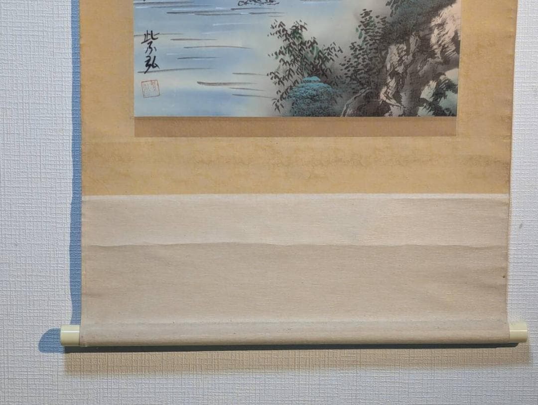 【真作】掛軸　山水図　渓流山居図　古美術　青緑渓谷風景　茅葺山居風景　U66