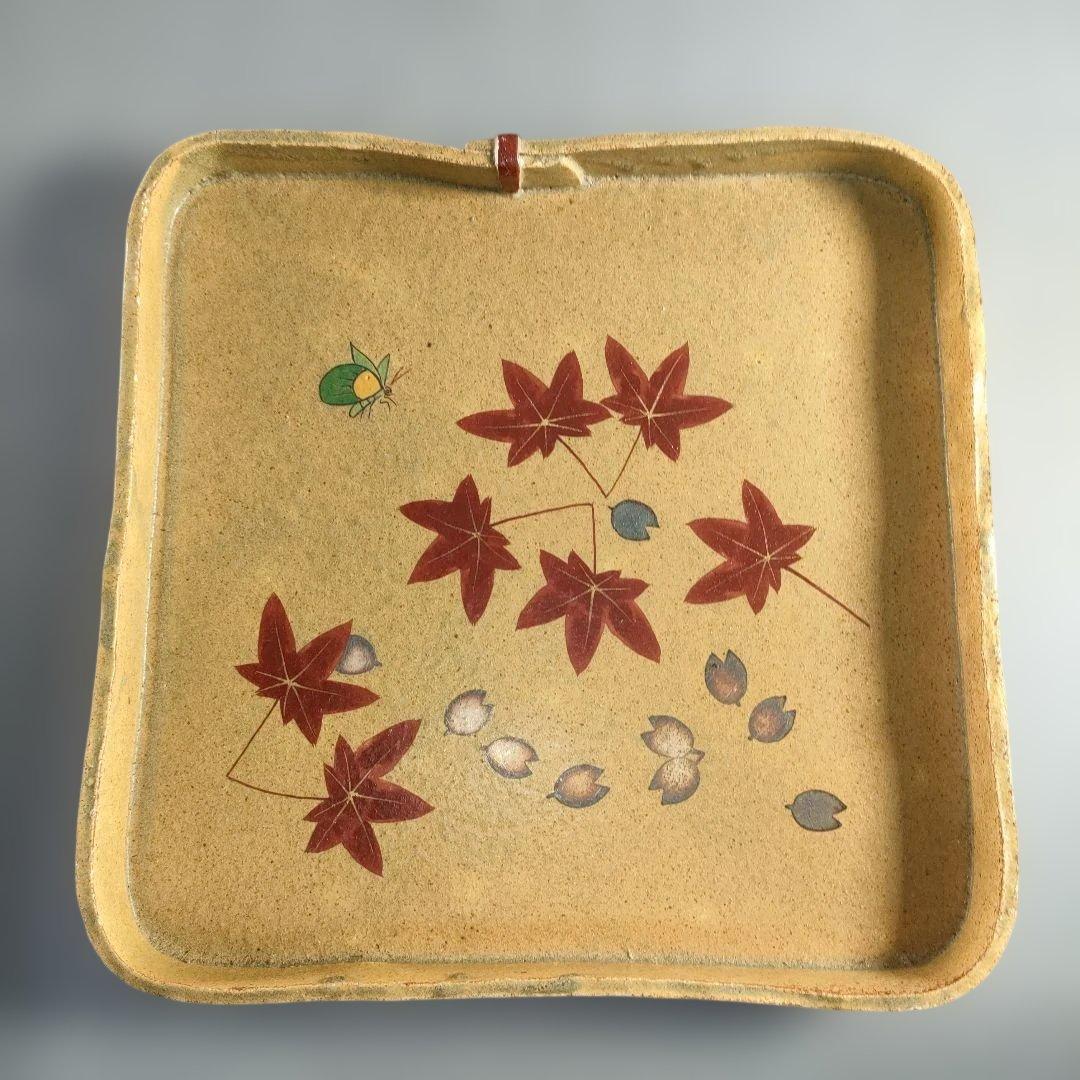 A1399-3/番浦史郎 造/紅葉文四方絵皿/角皿/大皿/飾皿/額皿/懐石道具/