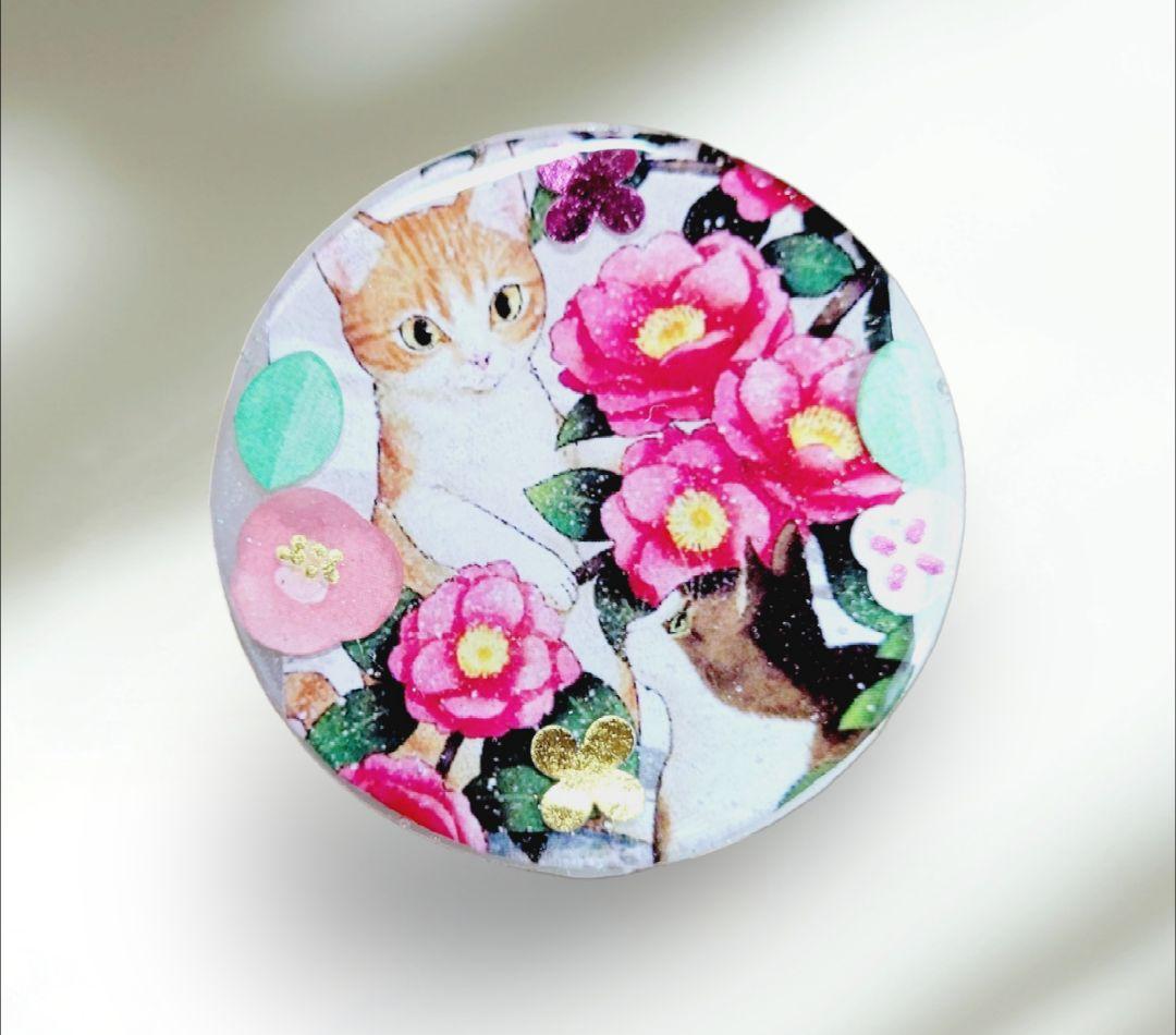 NO.581❤正月 猫 椿 ❤レジンヘアゴム ブローチ