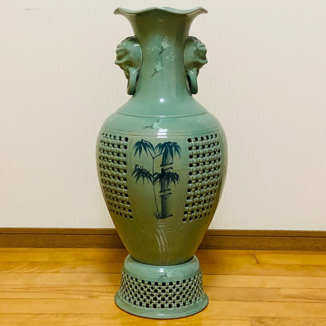 海律 高麗青磁 網目 花瓶 台座付 花器 和柄 鶴絵 華道 花道 お花 生け花