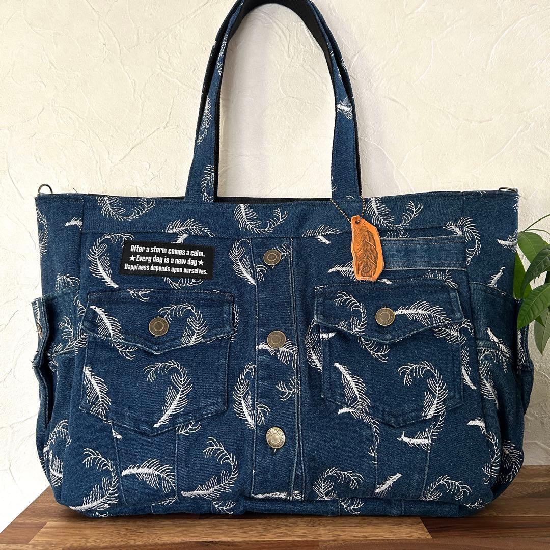 960.刺繍　デニムリメイク　トートバッグ　ジージャン　サイドポケット