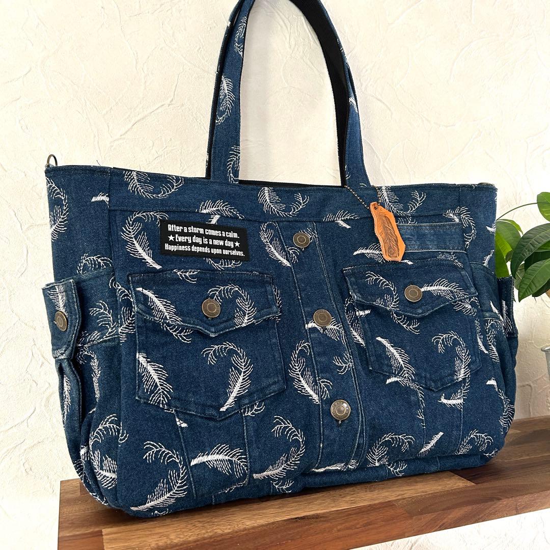 960.刺繍　デニムリメイク　トートバッグ　ジージャン　サイドポケット
