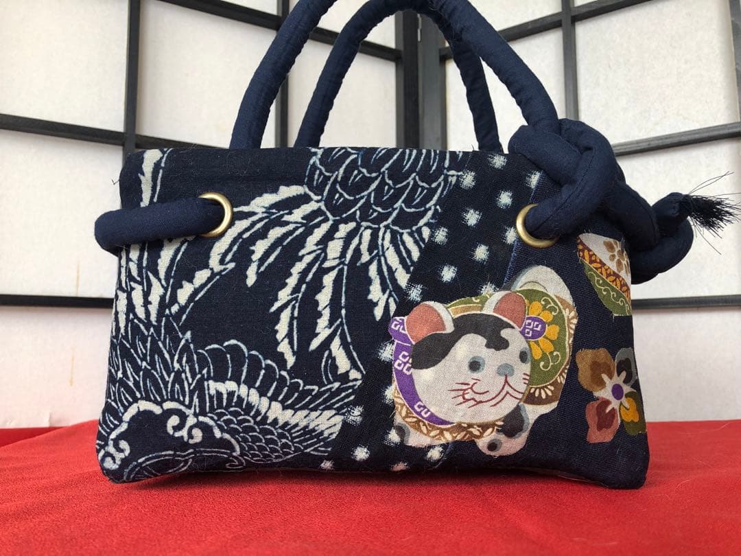 一閑張り　一閑張りバック　藍染　雪ん子　正絹古布　犬張子　狛犬