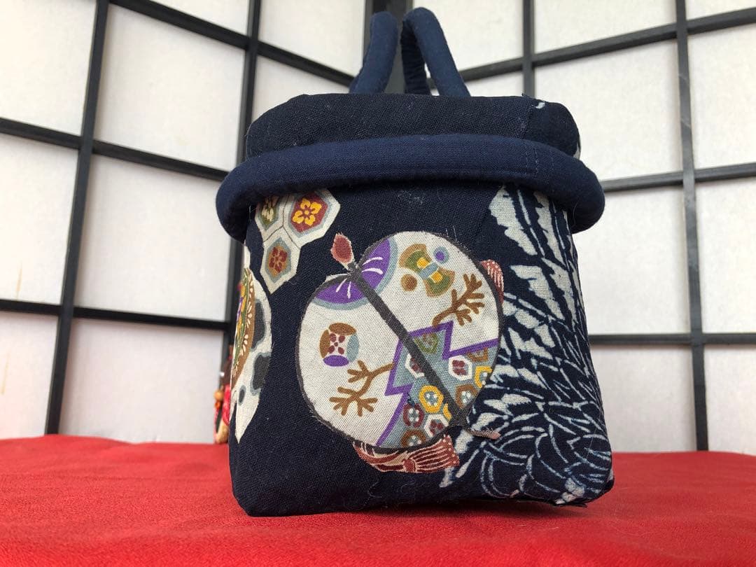 一閑張り　一閑張りバック　藍染　雪ん子　正絹古布　犬張子　狛犬