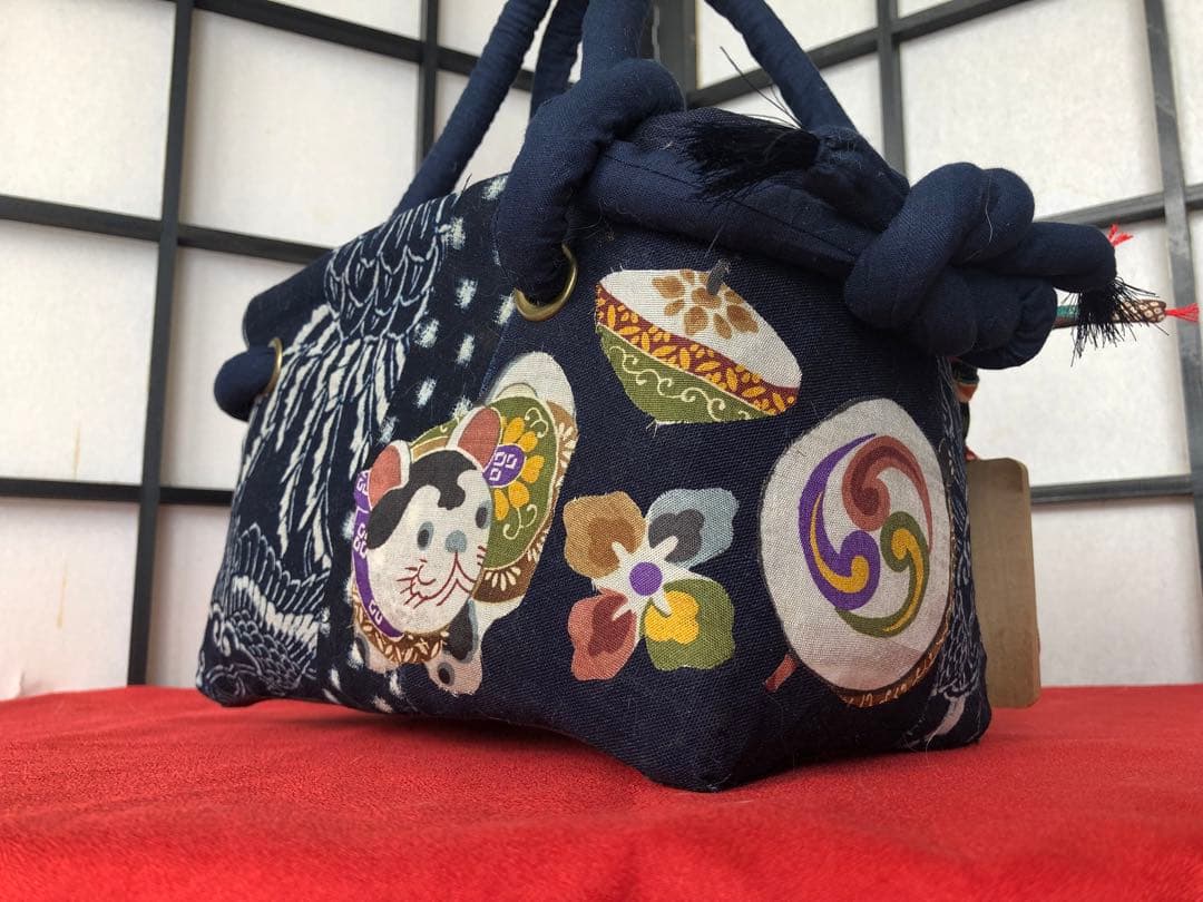 一閑張り　一閑張りバック　藍染　雪ん子　正絹古布　犬張子　狛犬