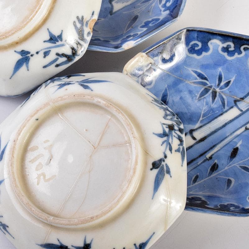 伊万里焼　古伊万里　染付　竹文　八角小皿　七客　時代箱付　C　R7593