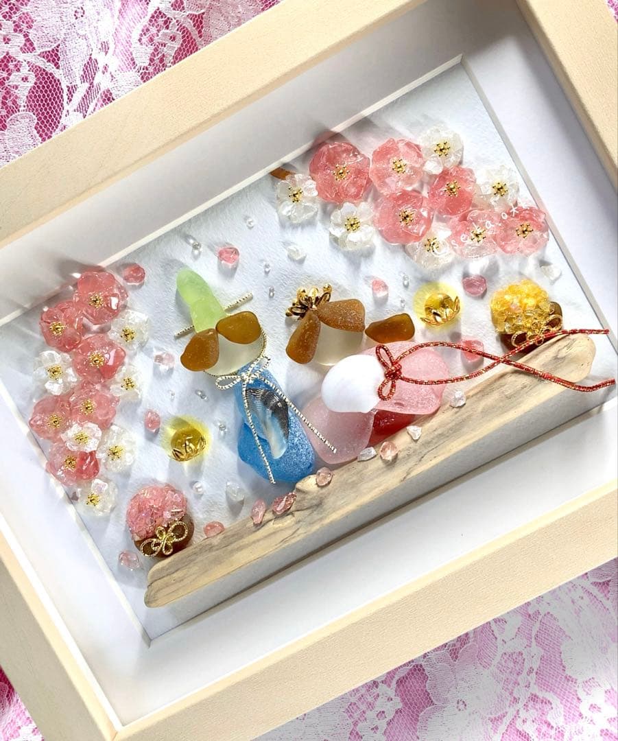夫婦雛 桜 シーグラスアート ひなまつり インテリア 玄関飾り ナチュラル 置物
