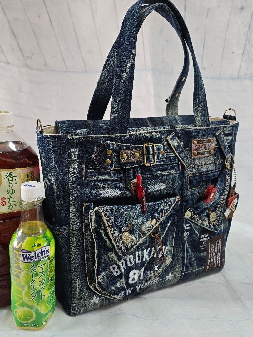 デニムリメイクバッグ 男前 大サイズ 上部ファスナー ビジネス メンズ