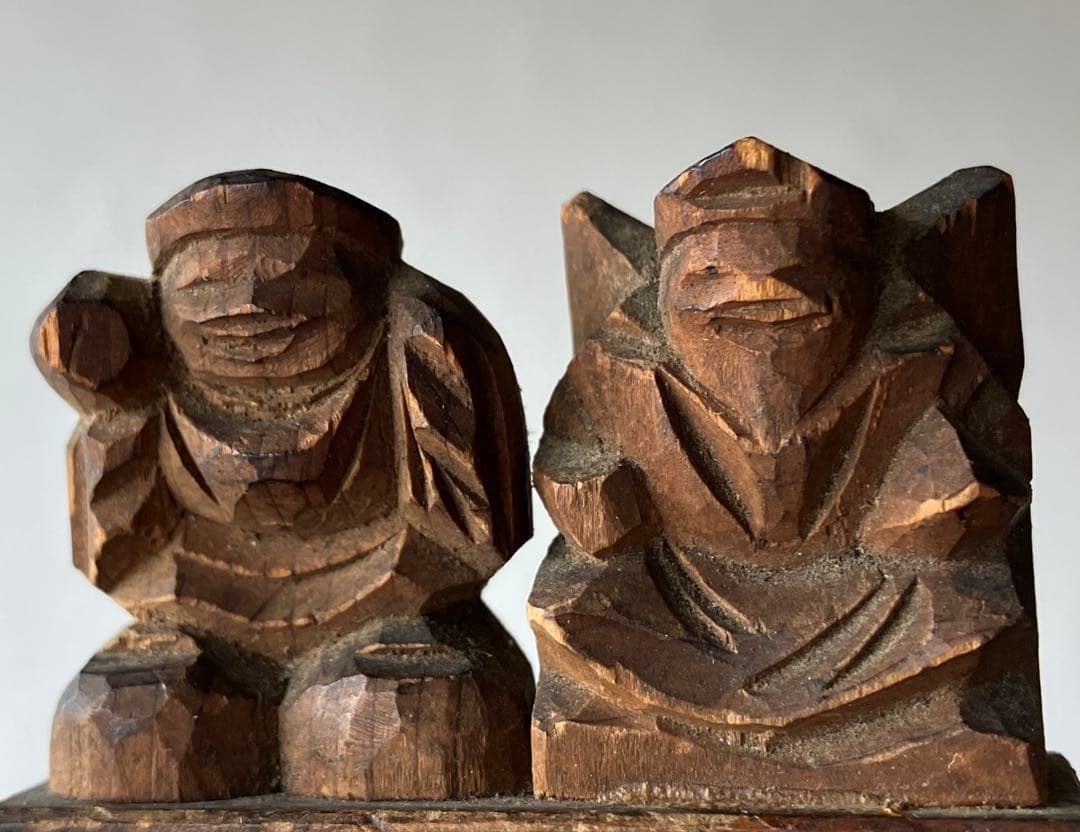 【古小さ良い 木彫 恵比寿 大黒天 約3.5㎝ 江戸後期〜頃】懐中仏豆仏民間信仰