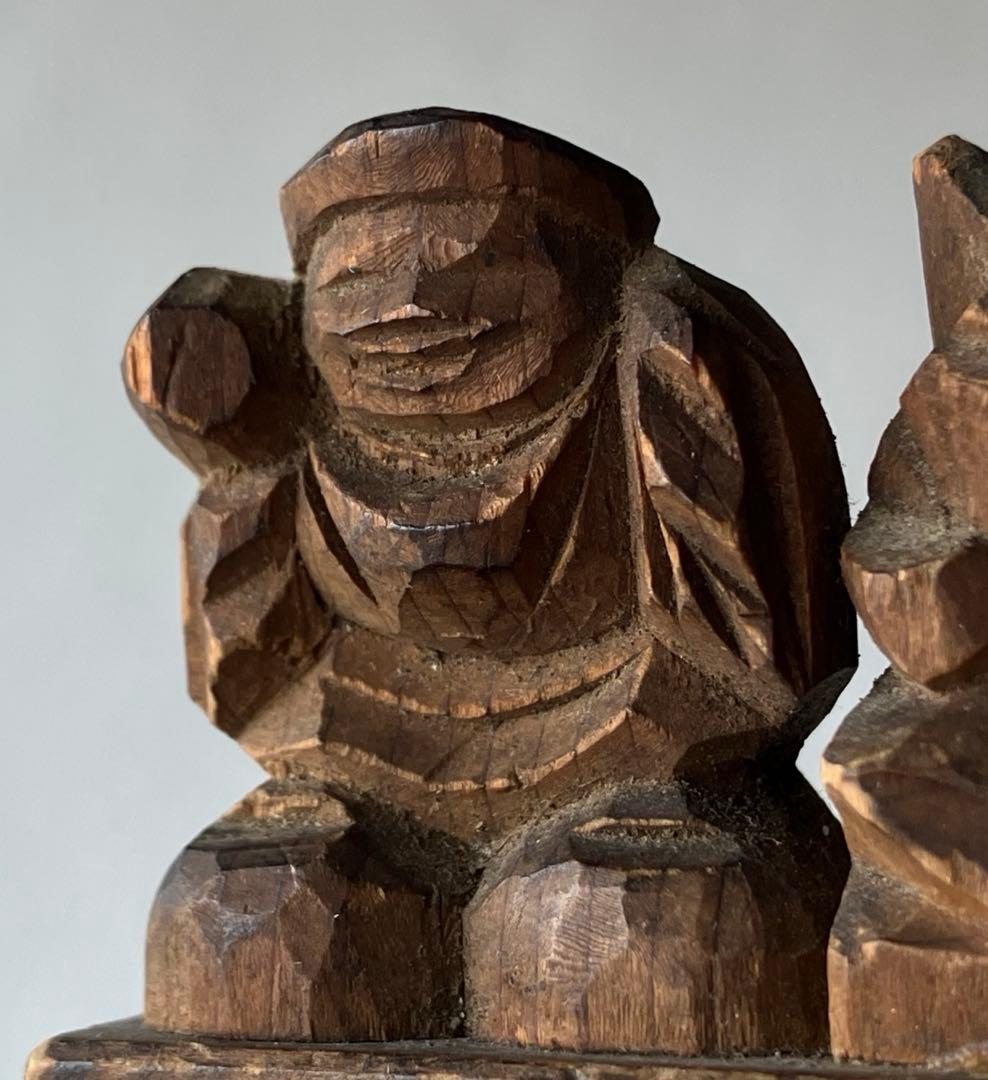 【古小さ良い 木彫 恵比寿 大黒天 約3.5㎝ 江戸後期〜頃】懐中仏豆仏民間信仰